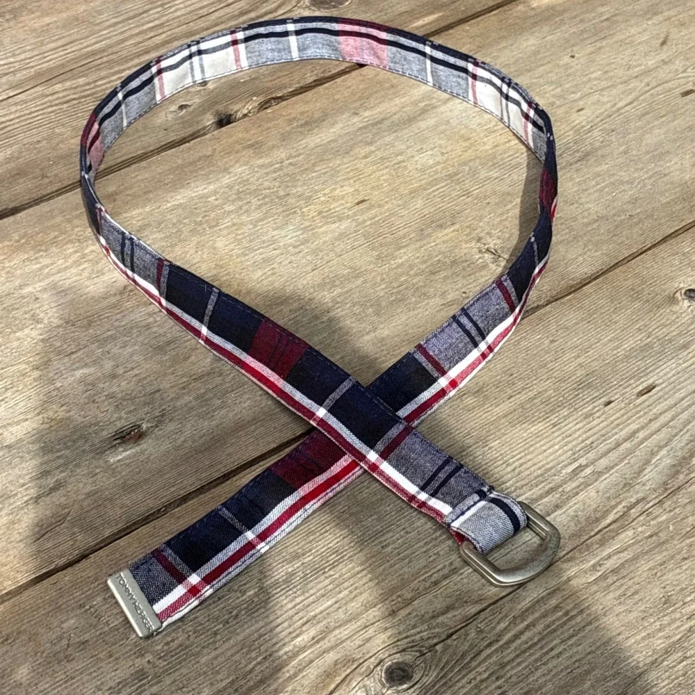 Tommy Hilfiger Belt Plaid D-Ring Webbing Navy Red White 34.5 Inch Preppy